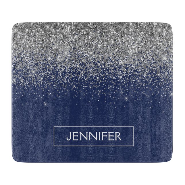 Silver Navy Blue Glitter Girly Monogram Name Cutting Board (Front)