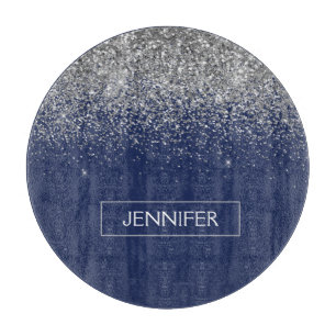 Silver Navy Blue Glitter Girly Monogram Name Cutting Board