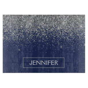 Silver Navy Blue Glitter Girly Monogram Name Cutting Board