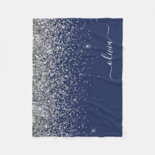 Silver Navy Blue Glitter Girly Monogram Name Fleece Blanket