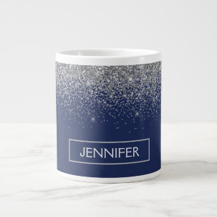 Silver Navy Blue Glitter Girly Monogram Name Large Coffee Mug