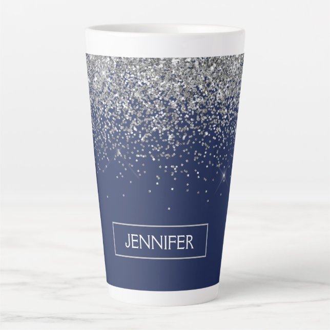 Silver Navy Blue Glitter Girly Monogram Name Latte Mug (Front)