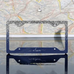 Silver Navy Blue Glitter Girly Monogram Name Licence Plate Frame<br><div class="desc">Silver and Navy Blue Sparkle Glitter Monogram Name License Plate Frame. This makes the perfect sweet 16 birthday,  wedding,  bridal shower,  anniversary,  graduation or bachelorette party gift for someone that loves glam luxury and chic styles.</div>