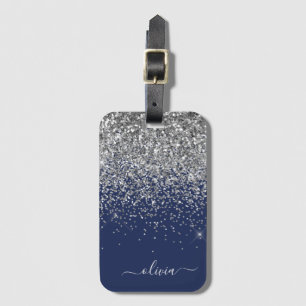 Silver Navy Blue Glitter Girly Monogram Name Luggage Tag