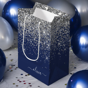 Silver Navy Blue Glitter Girly Monogram Name Medium Gift Bag