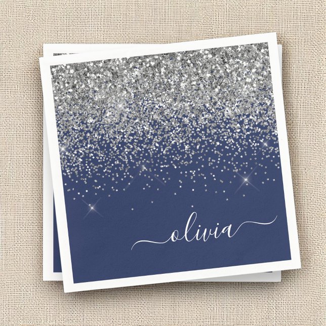 Silver Navy Blue Glitter Girly Monogram Name Napkin (Creator Uploaded)