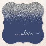 Silver Navy Blue Glitter Girly Monogram Name Paper Coaster<br><div class="desc">Navy Blue and Silver Sparkle Glitter Script Monogram Name Paper Coasters. This makes the perfect graduation,  birthday,  wedding,  bridal shower,  anniversary,  baby shower or bachelorette party gift for someone that loves glam luxury and chic styles.</div>