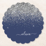 Silver Navy Blue Glitter Girly Monogram Name Paper Coaster<br><div class="desc">Navy Blue and Silver Sparkle Glitter Script Monogram Name Paper Coasters. This makes the perfect graduation,  birthday,  wedding,  bridal shower,  anniversary,  baby shower or bachelorette party gift for someone that loves glam luxury and chic styles.</div>