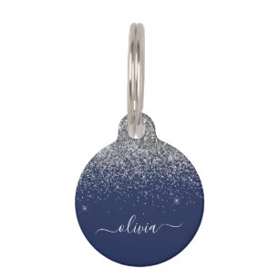 Silver Navy Blue Glitter Girly Monogram Name Pet Tag