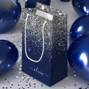Silver Navy Blue Glitter Girly Monogram Name Small Gift Bag