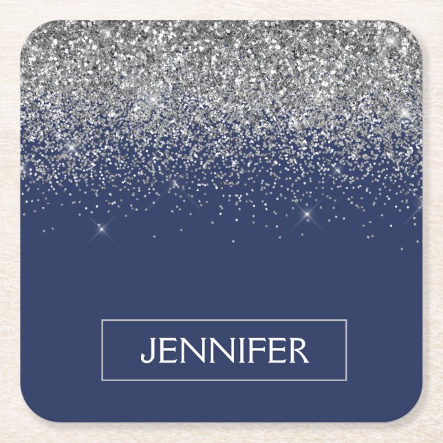 Silver Navy Blue Glitter Girly Monogram Name Square Paper Coaster (Front)