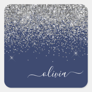 Silver Navy Blue Glitter Girly Monogram Name Square Sticker
