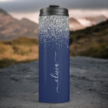 Silver Navy Blue Glitter Girly Monogram Name Thermal Tumbler<br><div class="desc">Navy Blue and Silver Sparkle Glitter Brushed Metal Monogram Name Drink Tumbler. This makes the perfect sweet 16 birthday,  wedding,  bridal shower,  anniversary,  baby shower or bachelorette party gift for someone that loves glam luxury and chic styles.</div>