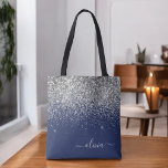 Silver Navy Blue Glitter Girly Monogram Name Tote Bag<br><div class="desc">Navy Blue and Silver Faux Sparkle and Glitter Elegant Monogram Book Bag. This Book Bag can be customised to include your initial and first name and given as a gift for Christmas,  Sweet 16 Birthday,  Bridal Shower or a Wedding.</div>