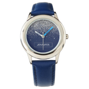 Silver Navy Blue Glitter Girly Monogram Name Watch