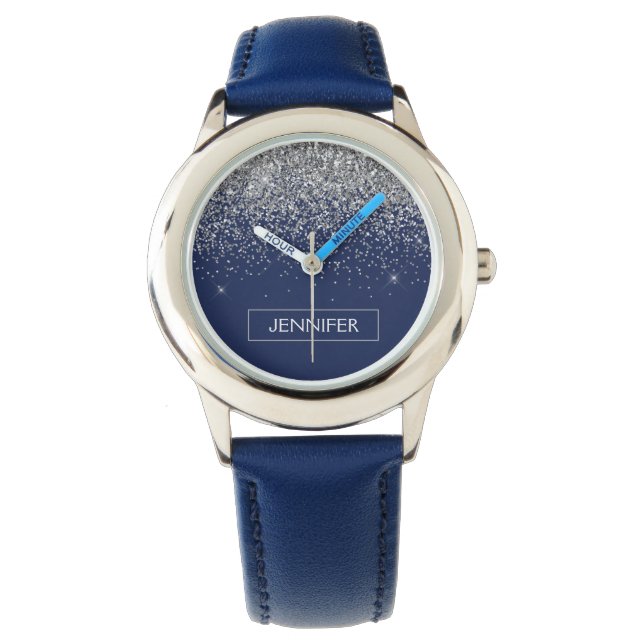 Silver Navy Blue Glitter Girly Monogram Name Watch (Front)