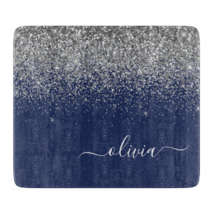 Silver Navy Blue Glitter Script Monogram Girly Cutting Board