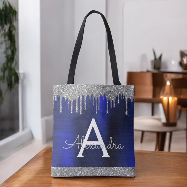 Silver Navy Blue Glitter Sparkle Elegant Monogram Tote Bag (Creator Uploaded)