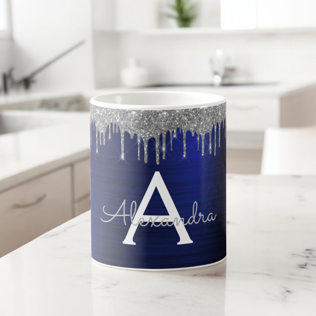 Silver Navy Blue Glitter Sparkle Monogram Name Coffee Mug (Creator Uploaded)