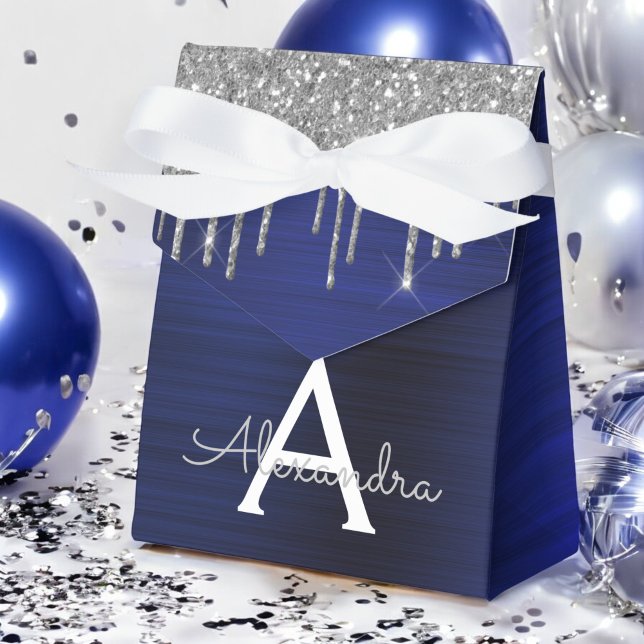 Silver Navy Blue Glitter Sparkle Monogram Name Favour Box (Creator Uploaded)