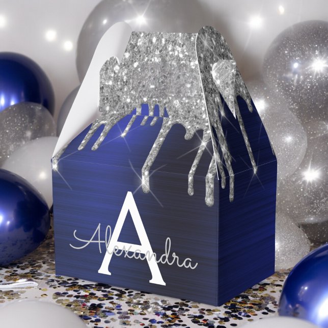 Silver Navy Blue Glitter Sparkle Monogram Name Favour Box (Creator Uploaded)