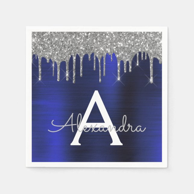Silver Navy Blue Glitter Sparkle Monogram Name Napkin (Front)