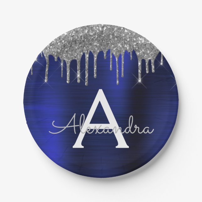 Silver Navy Blue Glitter Sparkle Monogram Name Paper Plate (Front)