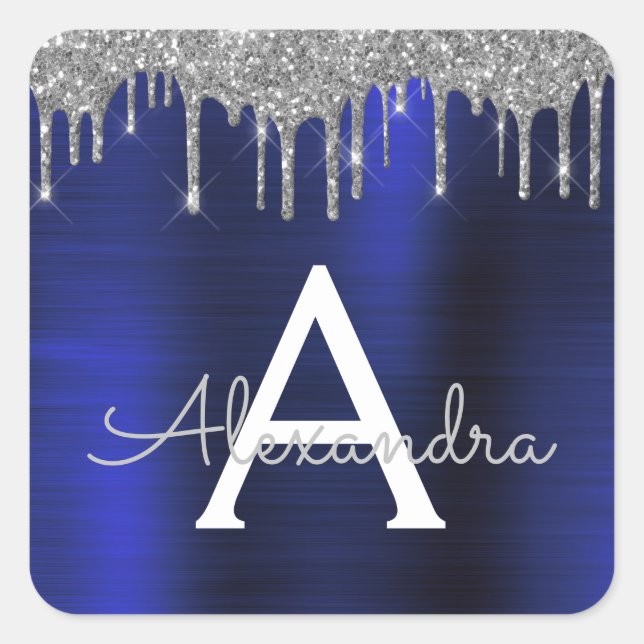Silver Navy Blue Glitter Sparkle Monogram Name Square Sticker (Front)