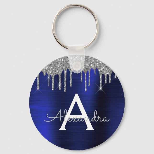 Silver Navy Blue Glitter Stainless Steel Monogram Key Ring (Front)