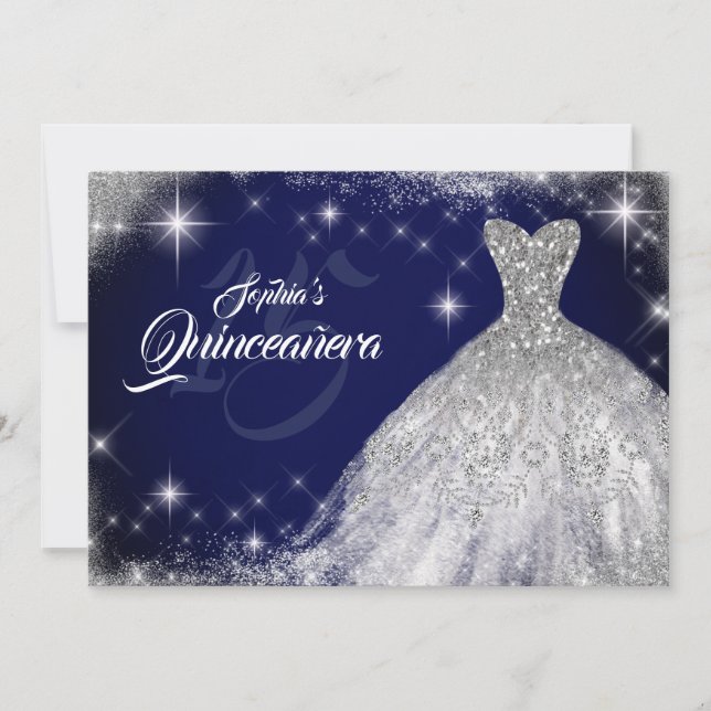 Silver Navy Blue Lace Diamond Gown Quinceanera Invitation (Front)