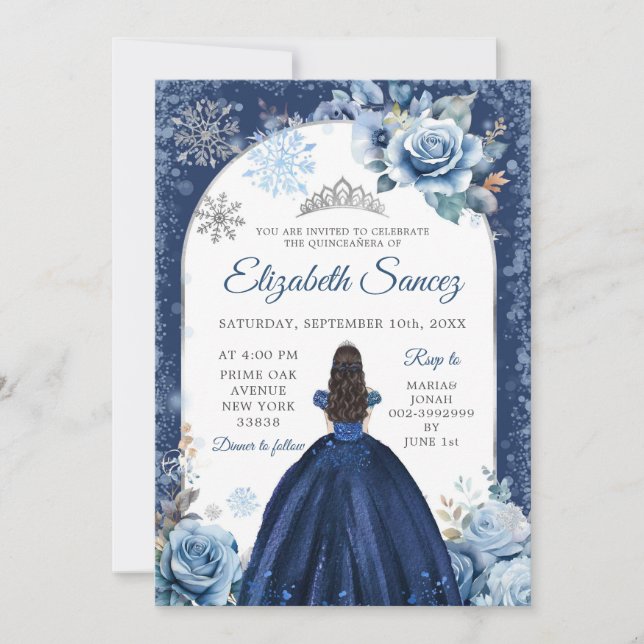 Silver Navy Blue Magical Winter Snowflake 15 Años Invitation (Front)