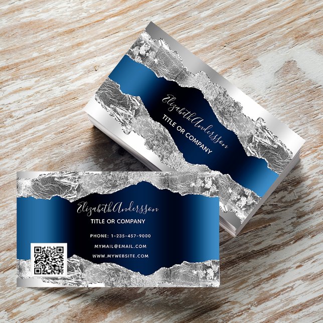 Silver navy blue metal agate marble QR code Business Card (Creator Uploaded)