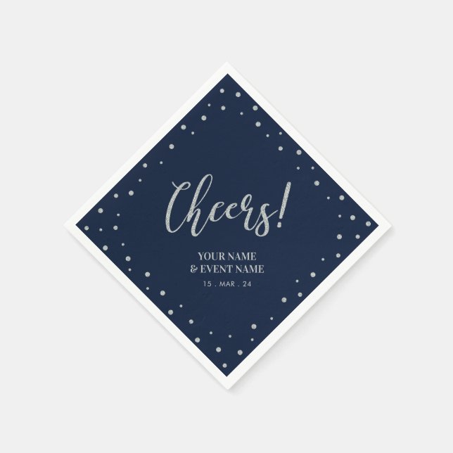 Silver & Navy Blue Modern Cheers Birthday Party Napkin (Corner)
