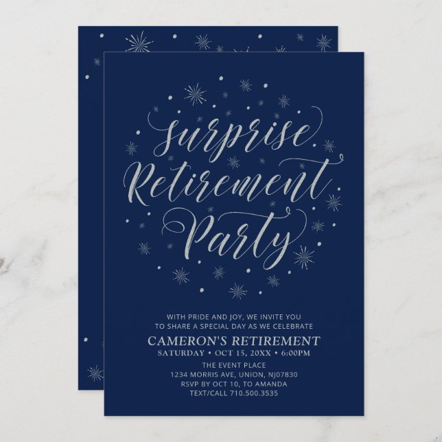 Silver, Navy Blue Modern Surprise Retirement Party Invitation (Front/Back)