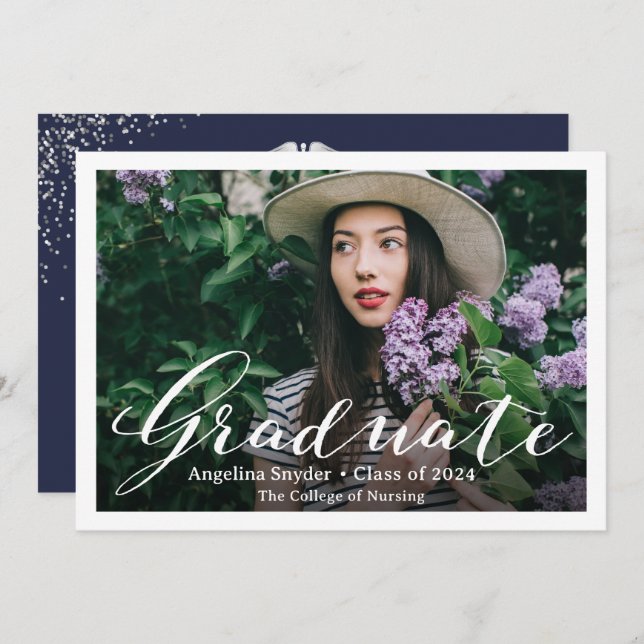 Silver Navy Blue Nursing School Graduation Photo Invitation (Front/Back)