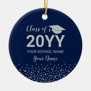 Silver & Navy Blue Photo Graduation Christmas Gift Ceramic Ornament