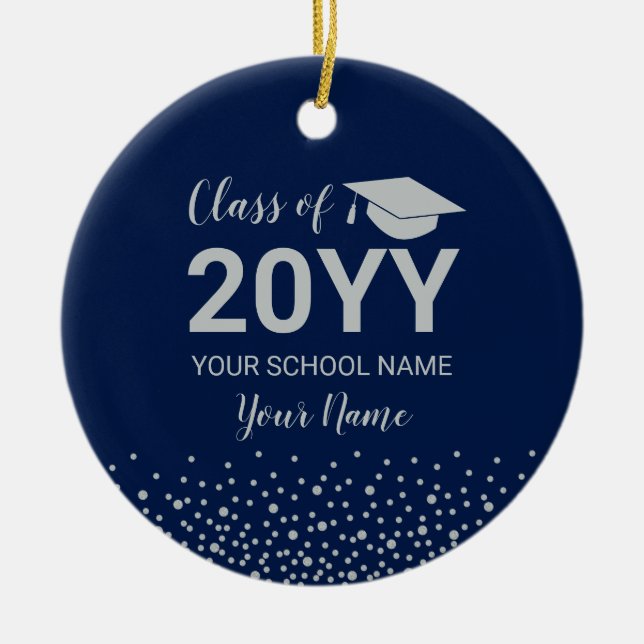 Silver & Navy Blue Photo Graduation Christmas Gift Ceramic Ornament (Front)