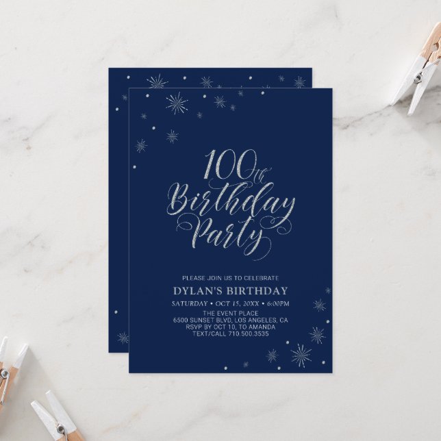 Silver & Navy Blue Sparkle 100th Birthday Party Invitation (Front/Back In Situ)