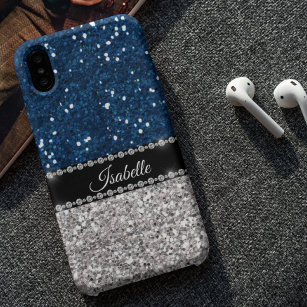 Silver Navy BLue Sparkle Glam Bling Personalised iPhone 15 Pro Case