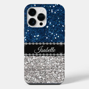 Silver Navy BLue Sparkle Glam Bling Personalised iPhone 14 Pro Max Case