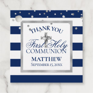 Silver Navy Blue Stripes First Holy Communion Boy Favour Tags