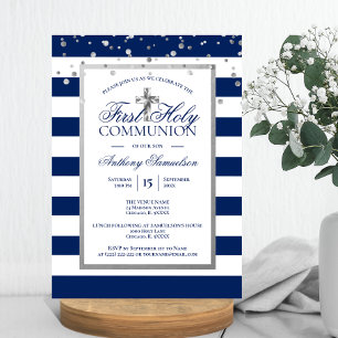 Silver Navy Blue Stripes First Holy Communion Boy Invitation