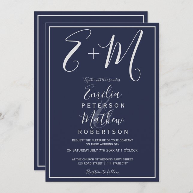 Silver navy blue typography initials wedding invitation (Front/Back)