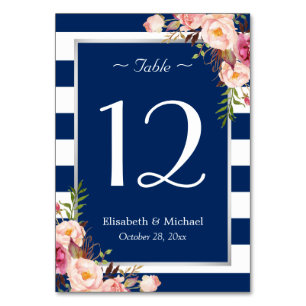 Silver Navy Blue White Stripes Floral Wedding Table Number
