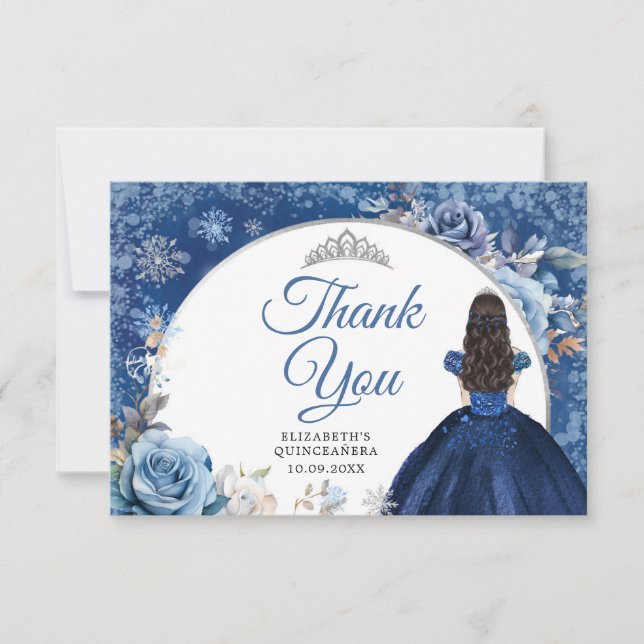 Silver Navy Blue Winter Snowflake Quinceanera Thank You Card (Front)
