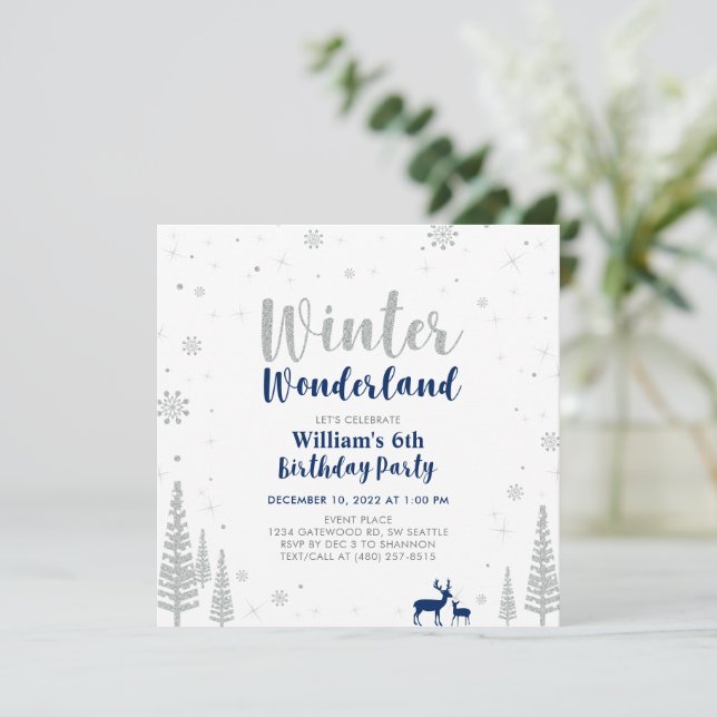 Silver &Navy Blue Winter Wonderland Boy Birthday Invitation (Standing Front)