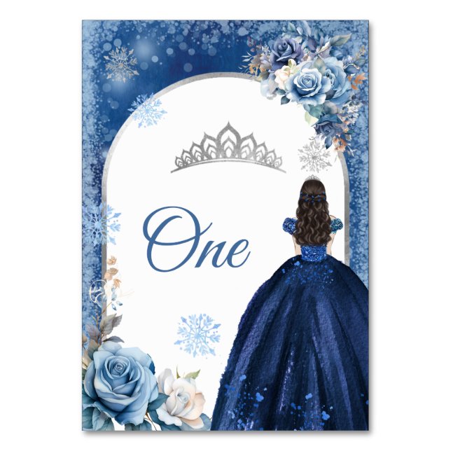 Silver Navy Christmas Snowflake Girl's Quinceanera Table Number (Front)