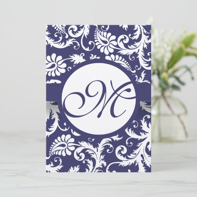 Silver Navy Damask Swirls Wedding Invitation (Standing Front)