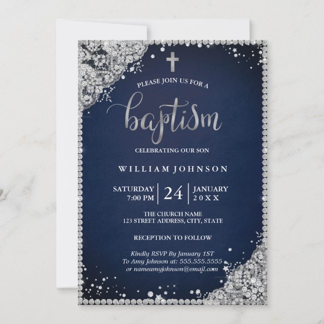 Silver Navy Diamond Lace Cross Baptism Invitation (Front)