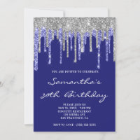 Silver Navy Glitter Drips Midnight Blue Birthday